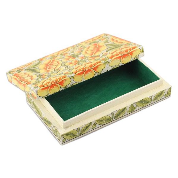 Alternate image for Yellow Papier Mache on Wood Floral Leaf Bird Decorative Box Blooming Kashmir in Yellow