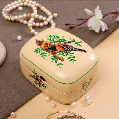 Alternate image for Bird-Themed Green and Ivory Papier Mache Decorative Box Bird Saga