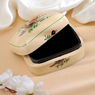 Alternate image for Bird-Themed Green and Ivory Papier Mache Decorative Box Bird Saga