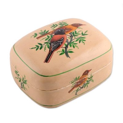 Alternate image for Bird-Themed Green and Ivory Papier Mache Decorative Box Bird Saga