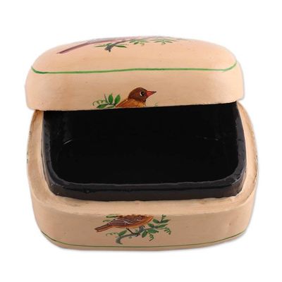 Alternate image for Bird-Themed Green and Ivory Papier Mache Decorative Box Bird Saga