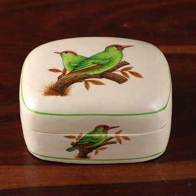 Alternate image for Bird-Themed Green and White Papier Mache Decorative Box Valley Saga