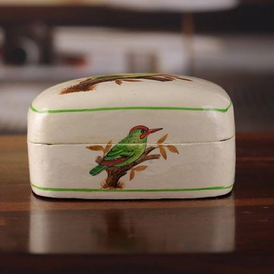 Alternate image for Bird-Themed Green and White Papier Mache Decorative Box Valley Saga
