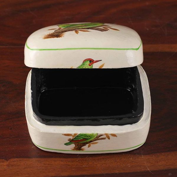 Alternate image for Bird-Themed Green and White Papier Mache Decorative Box Valley Saga