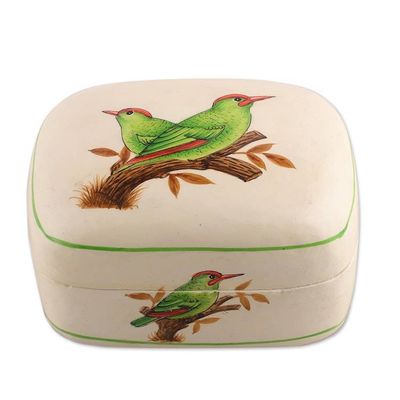 Alternate image for Bird-Themed Green and White Papier Mache Decorative Box Valley Saga