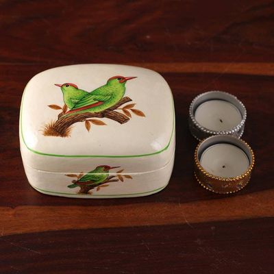 Alternate image for Bird-Themed Green and White Papier Mache Decorative Box Valley Saga