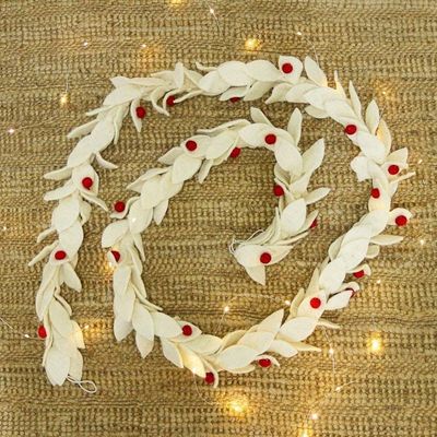 Alternate image for Wool Felt Leaf Holiday Garland in White and Red from India Winter Decorations