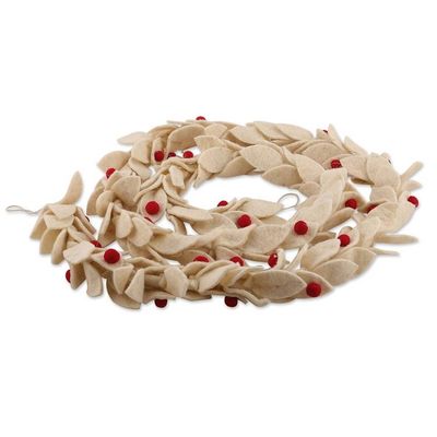 Alternate image for Wool Felt Leaf Holiday Garland in White and Red from India Winter Decorations