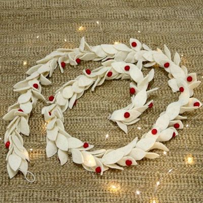 Alternate image for Wool Felt Leaf Holiday Garland in White and Red from India Winter Decorations