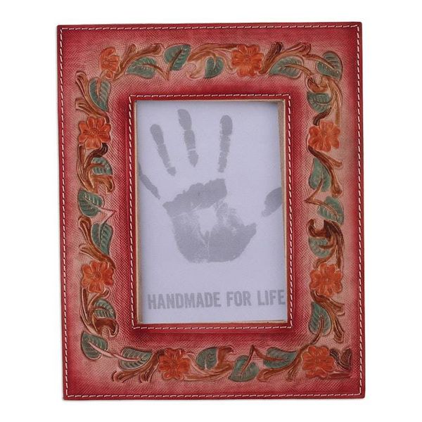 Alternate image for Floral and Leafy Embossed Leather Photo Frame in Warm Hues Blossoming Warmth