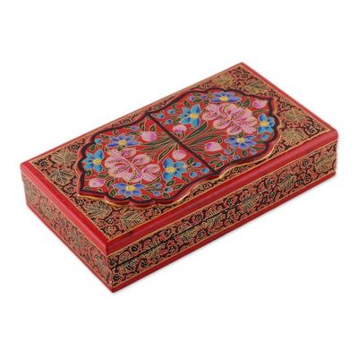 Alternate image for Red Hand-Painted Papier Mache Wood Floral Decorative Box Kashmir Heritage