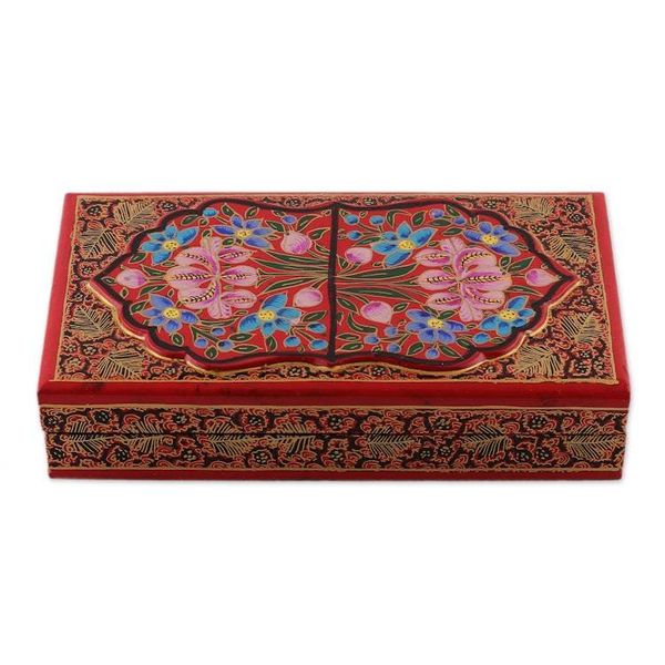 Alternate image for Red Hand-Painted Papier Mache Wood Floral Decorative Box Kashmir Heritage