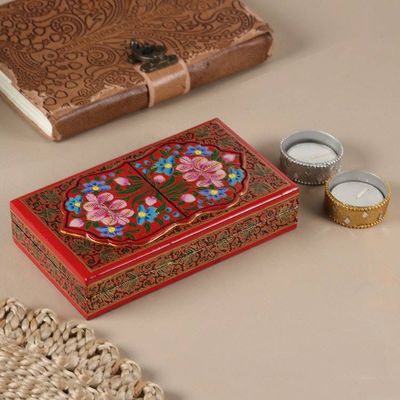 Alternate image for Red Hand-Painted Papier Mache Wood Floral Decorative Box Kashmir Heritage