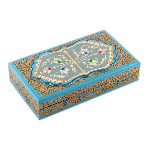 Alternate image for Aqua Hand Painted Folk Art Papier Mache Wood Decorative Box Aqua Chinar Embrace