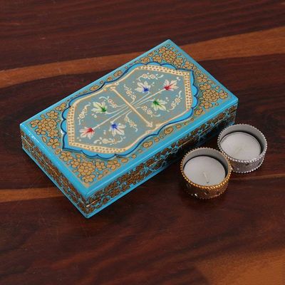 Alternate image for Aqua Hand Painted Folk Art Papier Mache Wood Decorative Box Aqua Chinar Embrace
