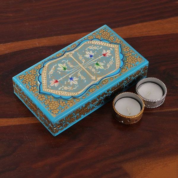 Alternate image for Aqua Hand Painted Folk Art Papier Mache Wood Decorative Box Aqua Chinar Embrace