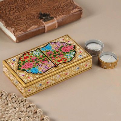 Alternate image for Golden-Hued Hand-Painted Papier Mache Wood Decorative Box Gold Kashmir Treasures