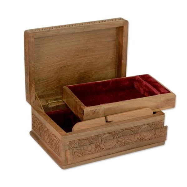 Alternate image for Hand-carved Flowers on Walnut Wood Jewelry Box Kashmir Grandeur