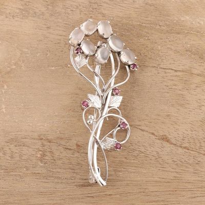 Alternate image for Rhodium Plated Moonstone and Ruby Brooch from India Rajasthani Royalty