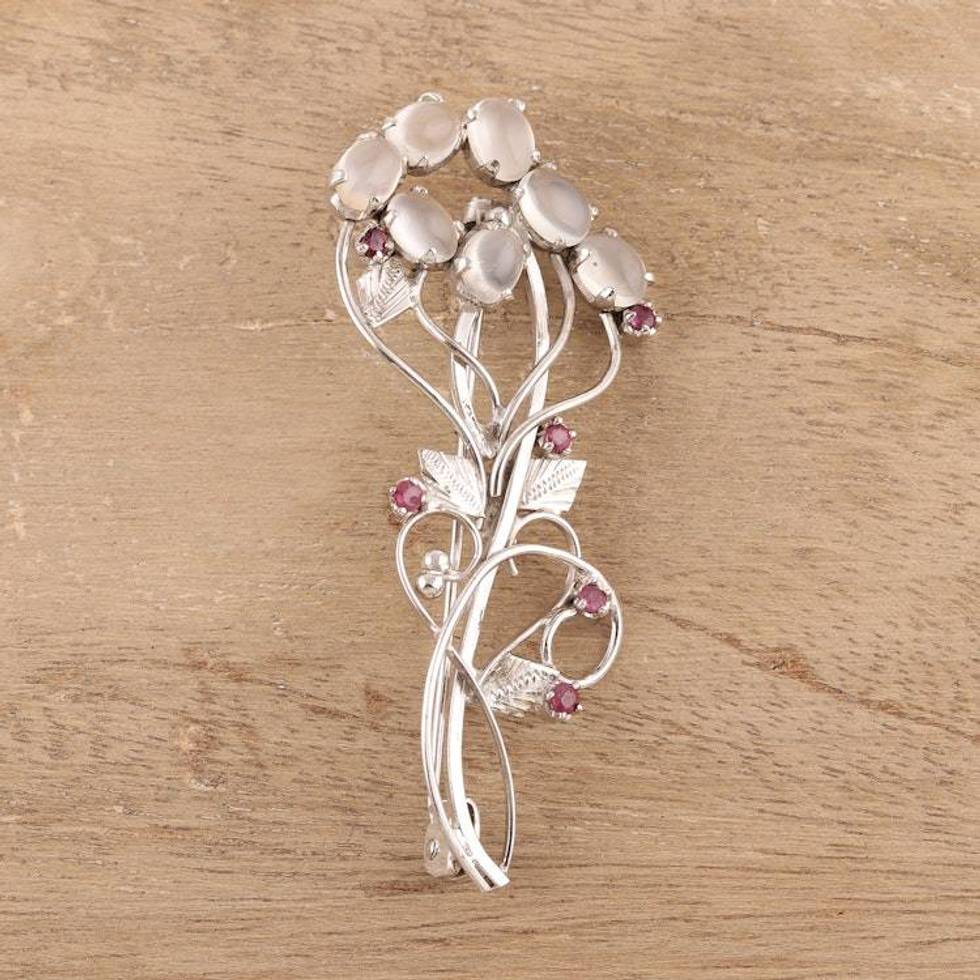 Rhodium Plated Moonstone and Ruby Brooch from India 'Rajasthani Royalty'
