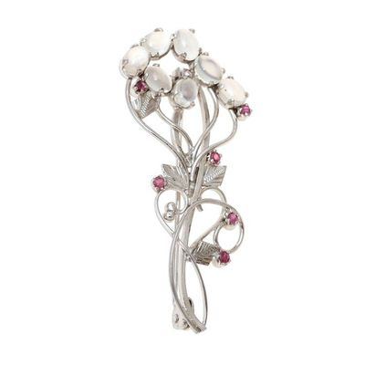 Alternate image for Rhodium Plated Moonstone and Ruby Brooch from India Rajasthani Royalty