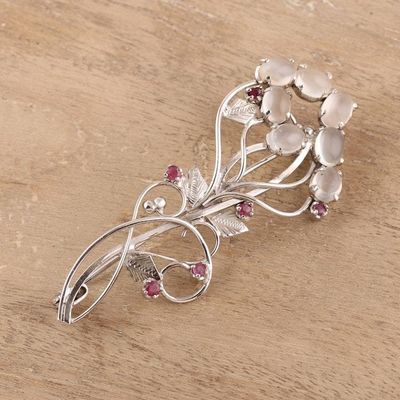 Alternate image for Rhodium Plated Moonstone and Ruby Brooch from India Rajasthani Royalty