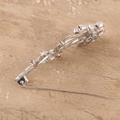 Alternate image for Rhodium Plated Moonstone and Ruby Brooch from India Rajasthani Royalty