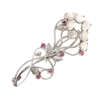 Alternate image for Rhodium Plated Moonstone and Ruby Brooch from India Rajasthani Royalty