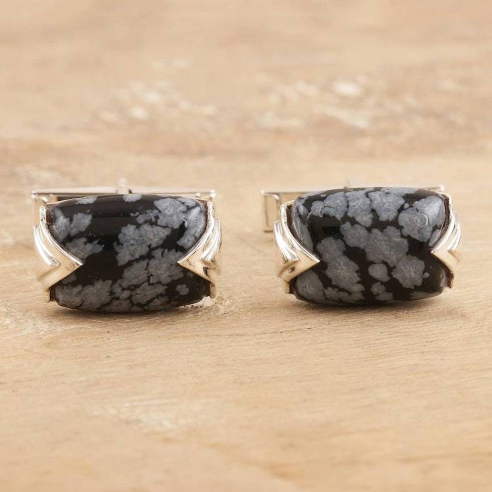 Men's Sterling Silver and Snowflake Obsidian Cufflinks 'Snowflake Elegance'