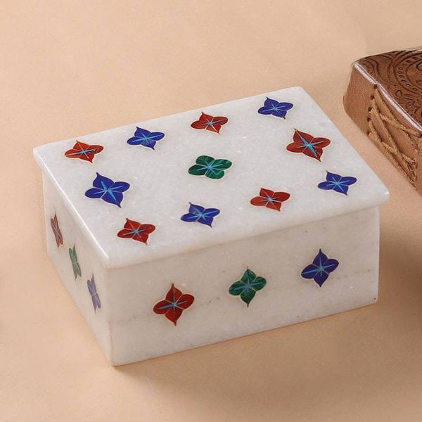 Alternate image for Handmade Indian Marble Jewelry Box with Stone Inlay Starry Garden