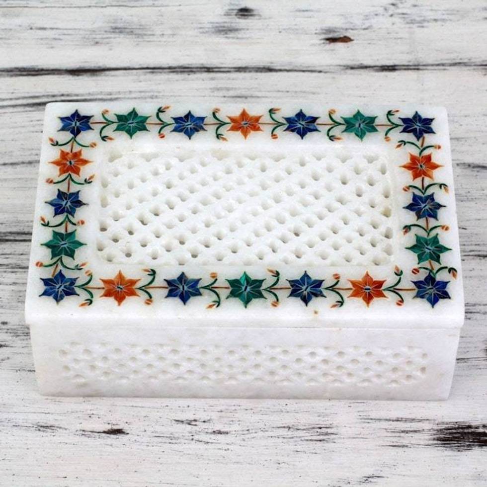 Jasmine Motif Marble Inlay Jewelry Box from India 'Jasmine Petals'
