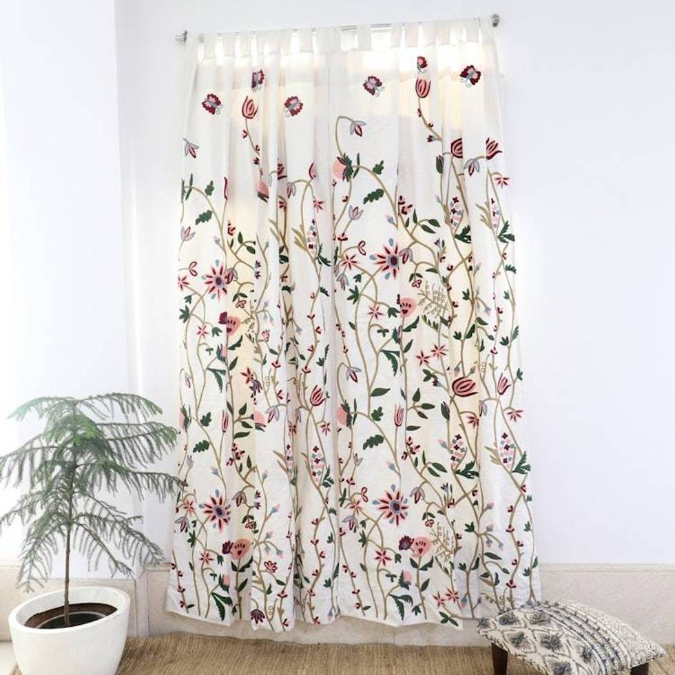 2 Floral Embroidered Cotton Curtains Handmade in India 'Kashmir Bloom'