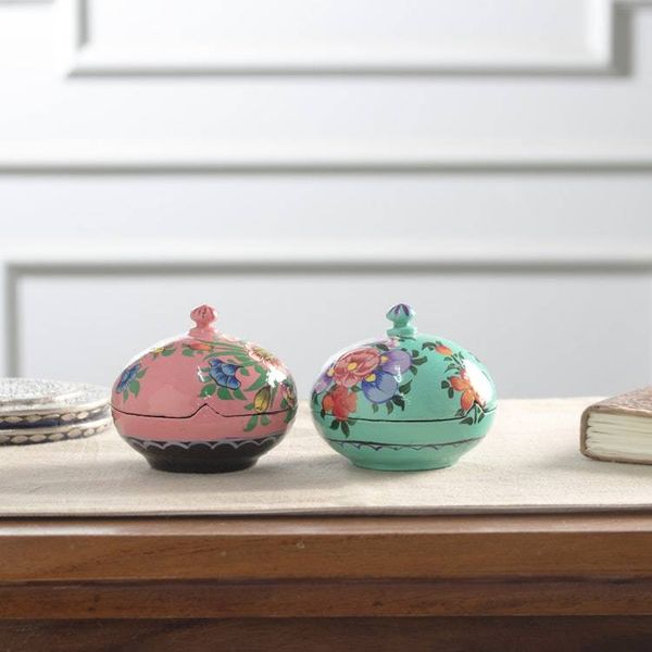 Alternate image for Floral and Leaf Wood Papier Mache Decorative Boxes Pair Vibrant Blossoms