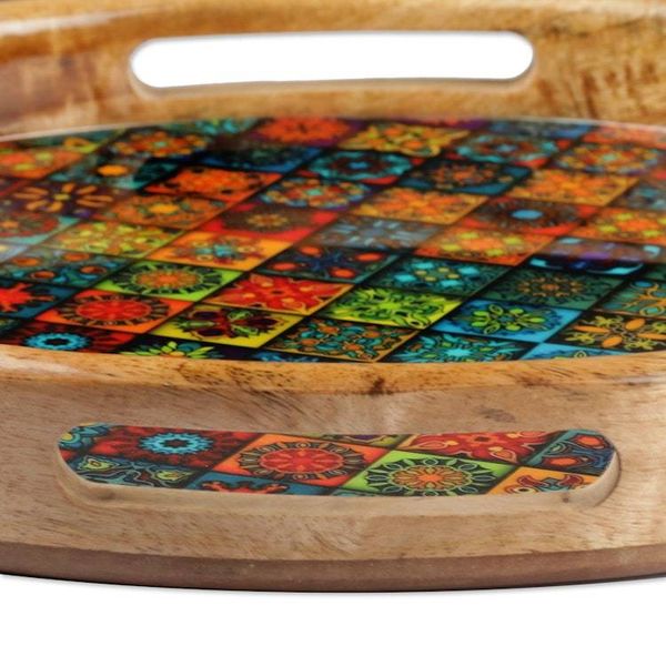 Alternate image for Mandala-Patterned Round Mango Wood Tray Coated in Resin Mosaic of Worlds