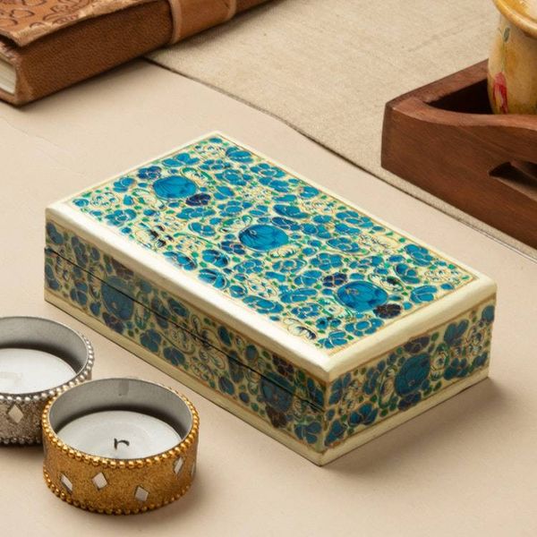 Alternate image for Hazara Floral-Themed Blue Wood Papier Mache Decorative Box Blue Hazara