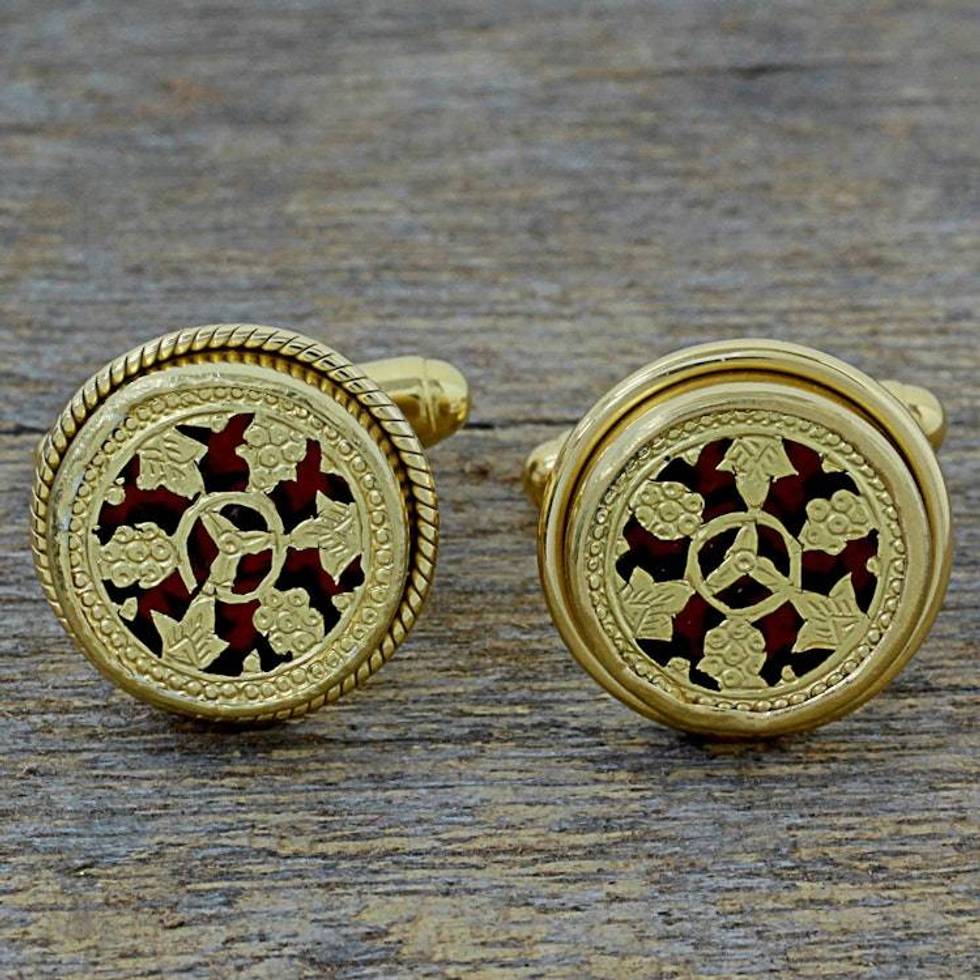 Hand Made Gold Plated Floral Cufflinks from India 'Floral Wheels'