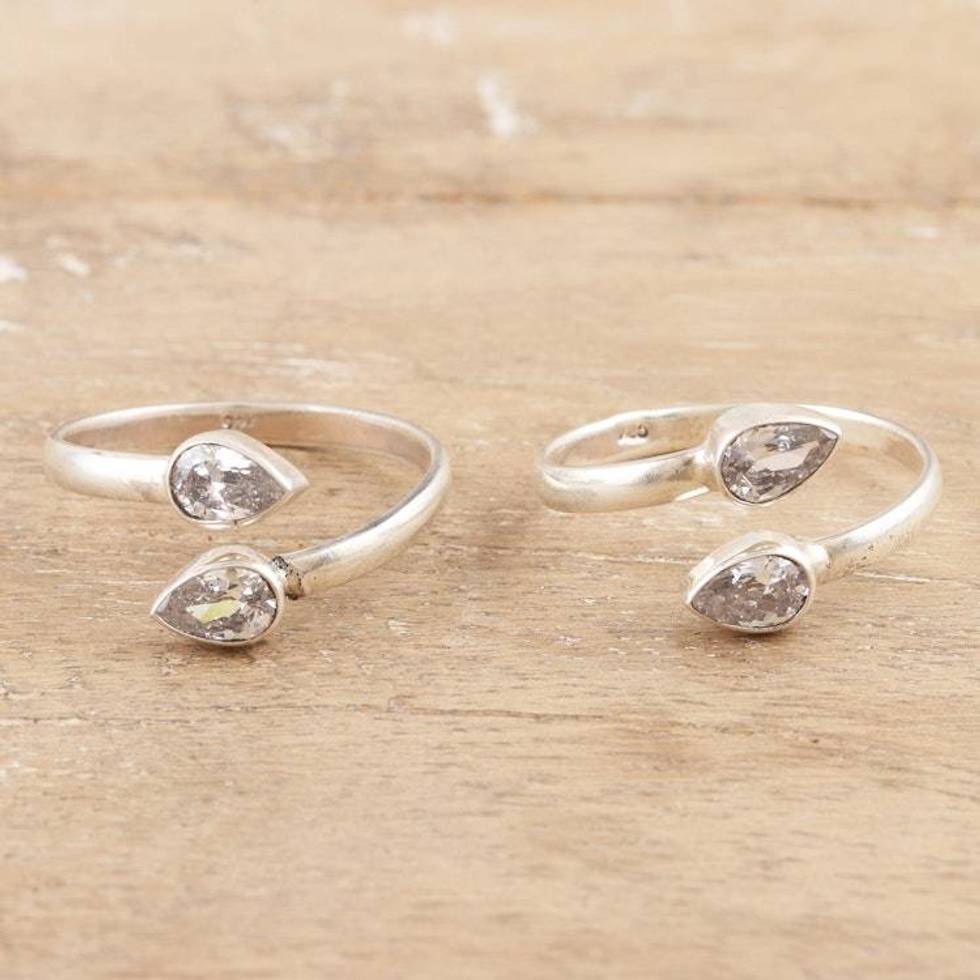 Sterling Silver Toe Rings with Cubic Zirconia Stones Pair 'Luminous Nature'
