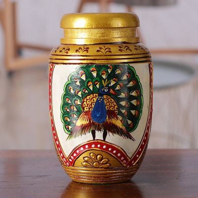 Alternate image for Classic Peacock-Themed Golden Kadam Wood Pen Holder Glimpse into Paradise