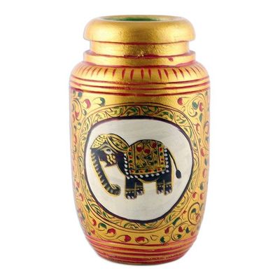 Alternate image for Classic Elephant-Themed Golden Kadam Wood Pen Holder Glory of the Jungle