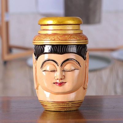 Alternate image for Buddha-Themed Hand-Painted Kadam Wood Pen Holder Serene Words