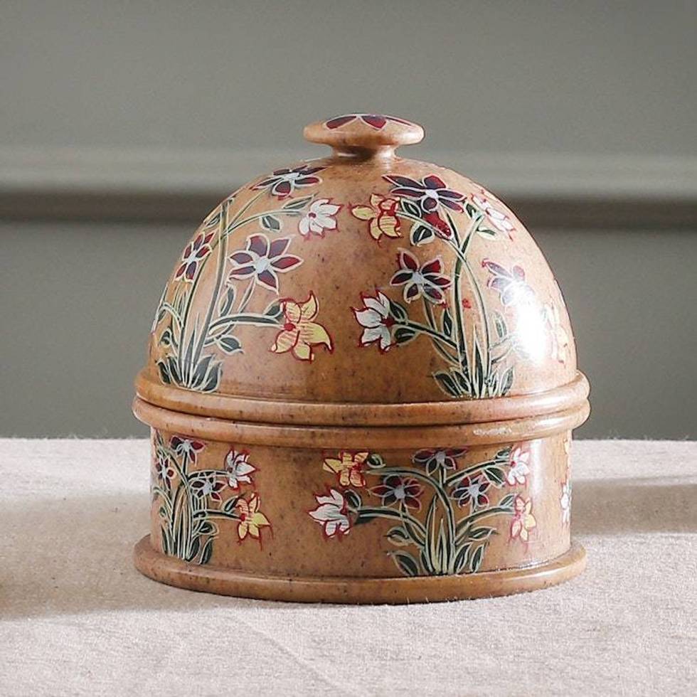 Hand-Painted Floral and Leaf-Themed Soapstone Decorative Jar 'Floral Kisses'