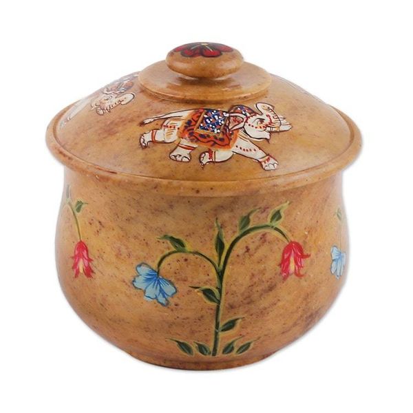Alternate image for Hand-Painted Elephant Floral-Themed Soapstone Decorative Jar Garden Cheers