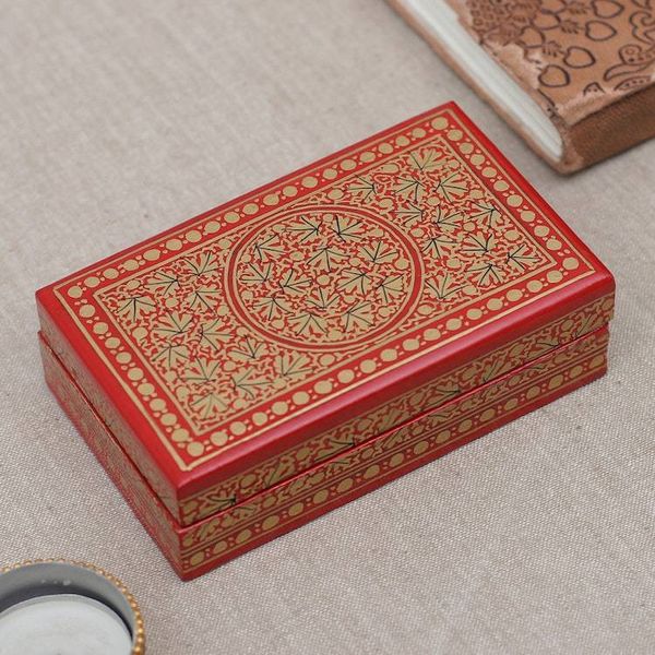 Alternate image for Hand-Painted Red Gold Papier Mache Wood Leaf Decorative Box Gilded Vine