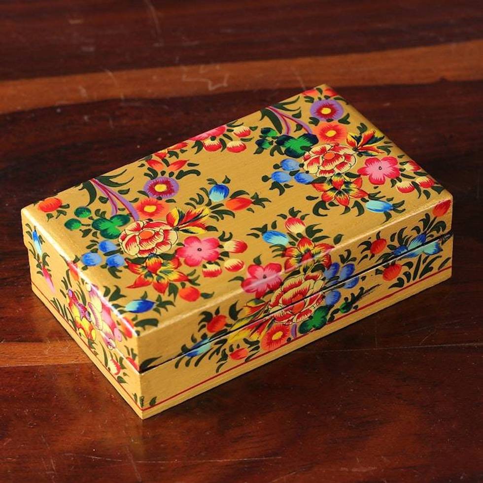 Floral Hand-Painted Yellow Papier Mache Decorative Box 'Golden Scenes'
