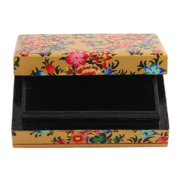Alternate image for Floral Hand-Painted Yellow Papier Mache Decorative Box Golden Scenes
