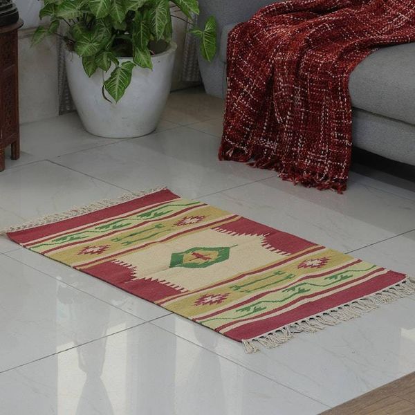 Alternate image for Hand-Loomed Geometric Fringed Cotton Dhurrie Area Rug 2x3 Traditional Accents