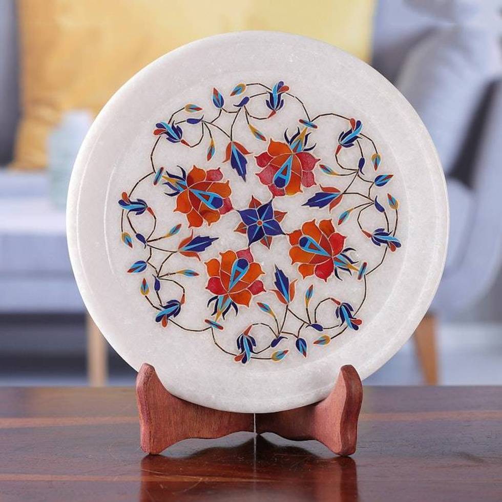 Marble Inlay Plate with Wood Stand 'Rose Mosaic'