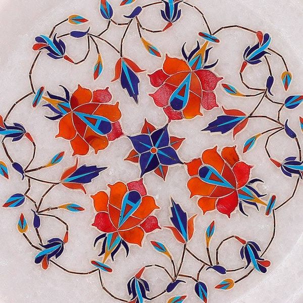 Alternate image for Marble Inlay Plate with Wood Stand Rose Mosaic