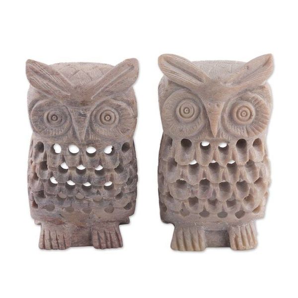 Alternate image for Owl-Themed Openwork Jali Soapstone Tealight Holders Pair Owl Glory