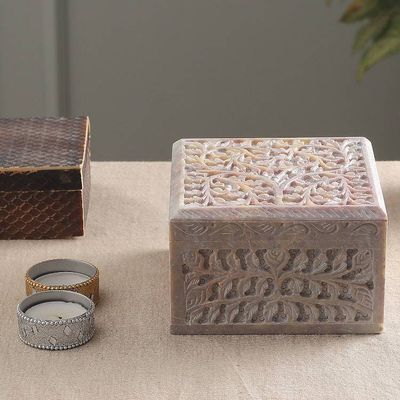 Alternate image for Leaf-Themed Jali Openwork Carved Soapstone Decorative Box Happy Leaves
